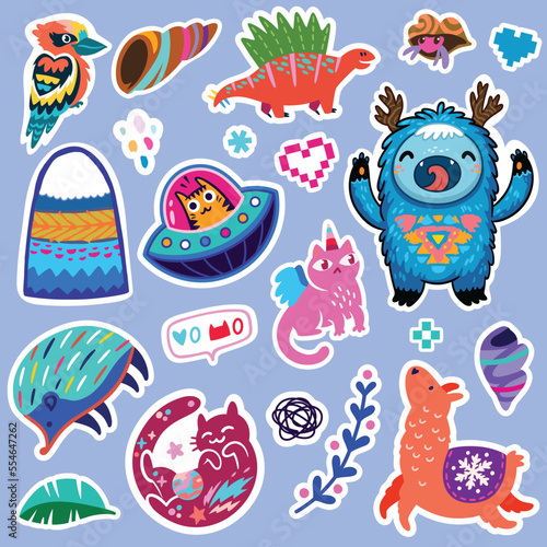 Lovely collection of purple stickers. Fantasy cartoon animals and creatures vector illustration