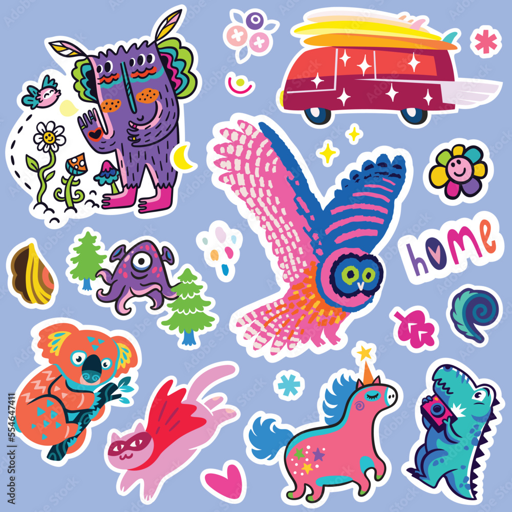 Obraz premium Lovely collection of purple stickers. Fantasy cartoon animals and creatures vector illustration