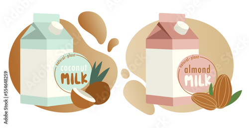 Vegetable, pLant milk, color stickers set for packaging design. Almond, coconut veggie drink. Hand drawn lettering. Dairy free product. Vector illustration, print, emblem. 