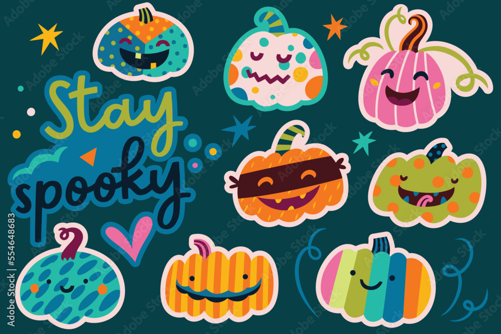 Stay spooky sticker set. 8 funny pumpkin faces in cartoon style