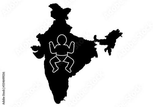 Nacimientos en la India. Silueta de bebé sobre la silueta negra del mapa de la India. Demografía
