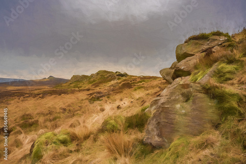 Digital oil painting of bleak winter panoramic view of Baldstone, and Gib Torr in the Peak District National Park.