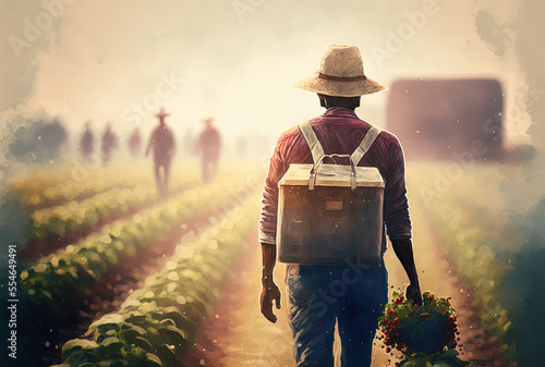 Canvas-taulu Male field worker at strawberry farm wearing straw hat and carrying box for picking, strolling in morning haze with other employees