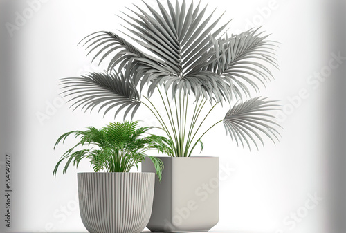 Grey Kentia Palm Tree in containers. Isolated houseplant on a white background. Generative AI