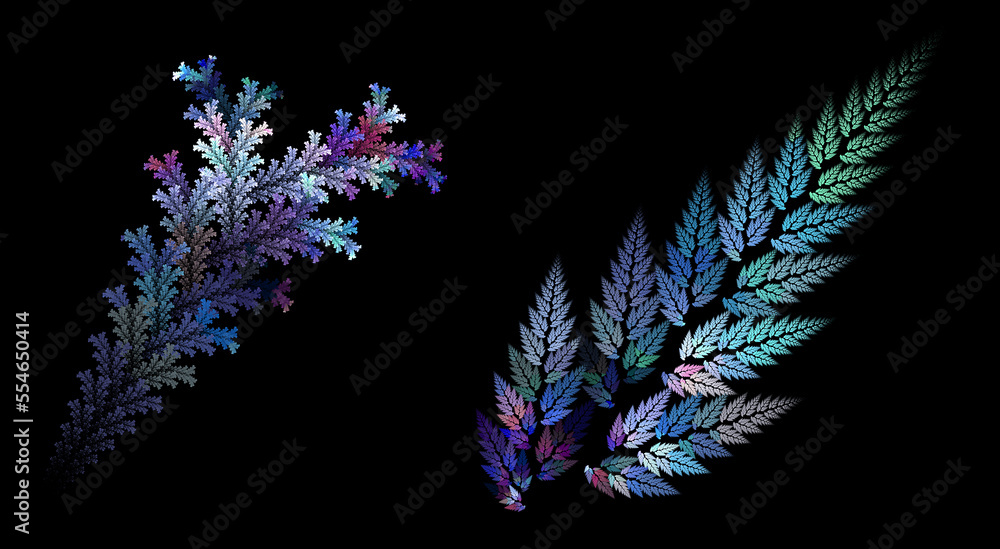 Obraz premium Twigs with blue illuminated leaves on a black background. Set of graphic design elements. 3D rendering. 3D illustration.