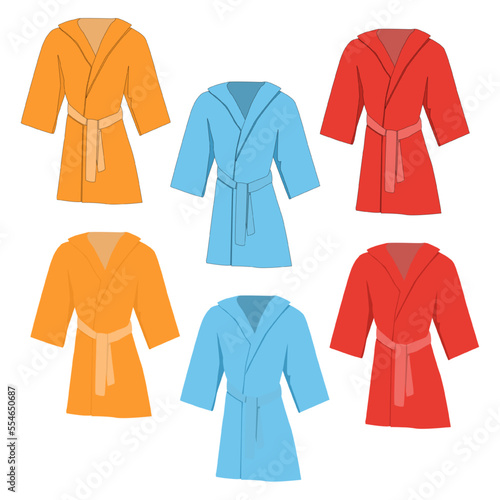 Vector terry bath pink blue yellow robe flat with shadows isolated on white background