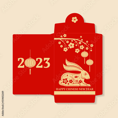 Chinese New Year red envelope flat icon. Vector illustration. Red packet with gold rabbit and lanterns. Chinese New Year 2023 year of the rabbit .