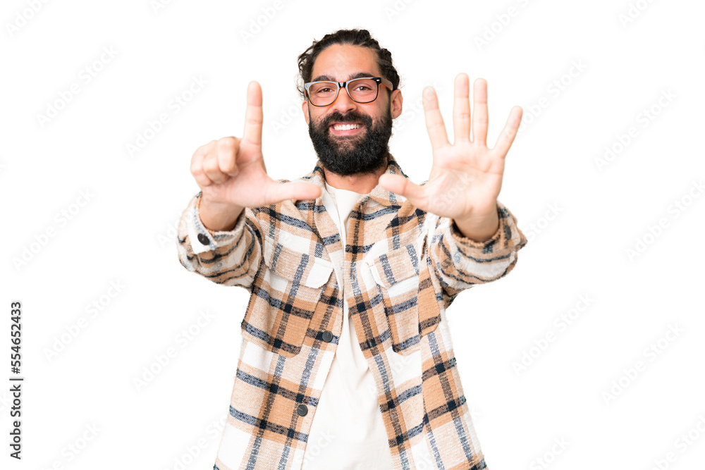 Young man with beard over isolated chroma key background counting seven with fingers Young man with beard over isolated chroma key background counting seven with fingers