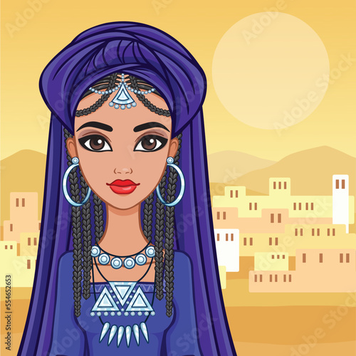 Animation portrait of the Arab princess in a turban. A background - the desert, east city. Vector illustration.