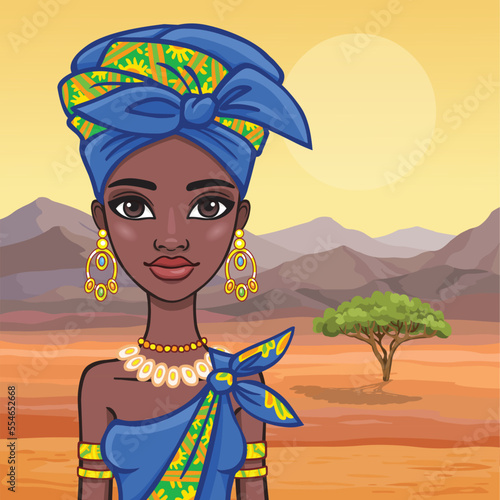 Portrait of a beautiful African girl in ancient clothes. Background - the desert. Vector illustration.