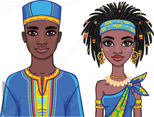 Animation portrait of the African family in bright ethnic clothes. Vector illustration isolated on a white background.