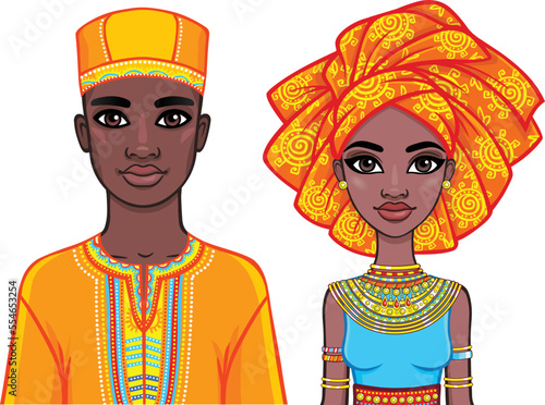Animation portrait of the African family in bright ethnic clothes. Vector illustration isolated on a white background.