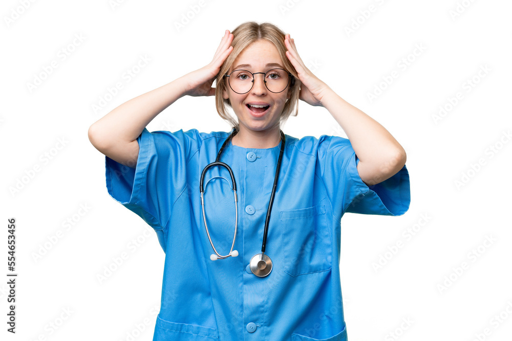 Young nurse English woman over isolated background with surprise expression Young nurse English woman over isolated background with surprise expression