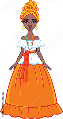 Animation portrait of the attractive Brazilian girl. Bright ethnic clothes. Full growth. The vector illustration isolated on a white background.