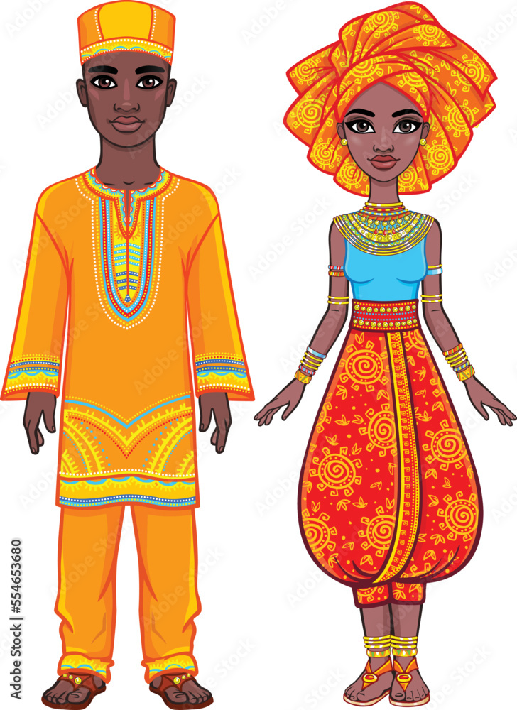 Animation portrait of the African family in bright ethnic clothes. Full growth. The vector illustration isolated on a white background.