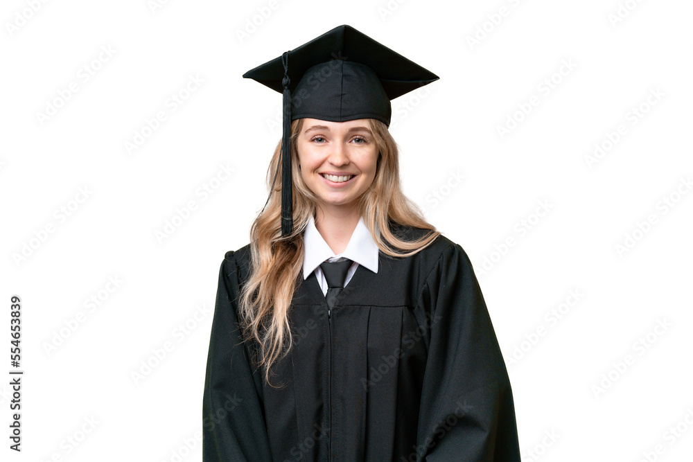 Young university English graduate woman over isolated background laughing Young university English graduate woman over isolated background laughing