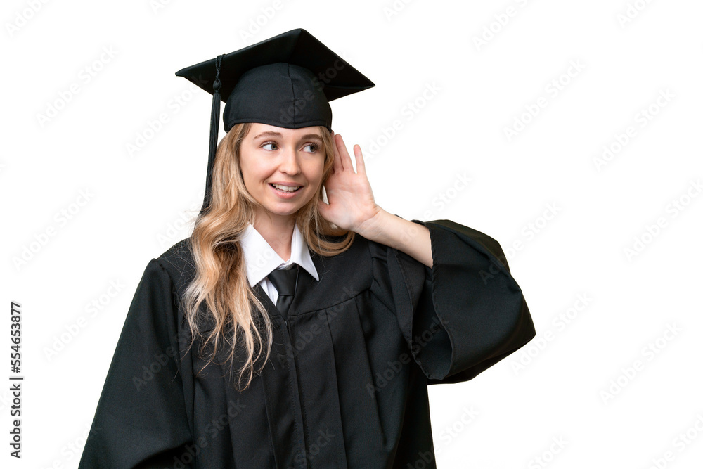 Young university English graduate woman over isolated background listening to something by putting hand on the ear Young university English graduate woman over isolated background listening to something by putting hand on the ear