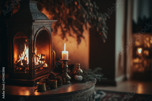 Fireplace with christmas decorations and candles in a rustic and cozy living room. AI-generated photo