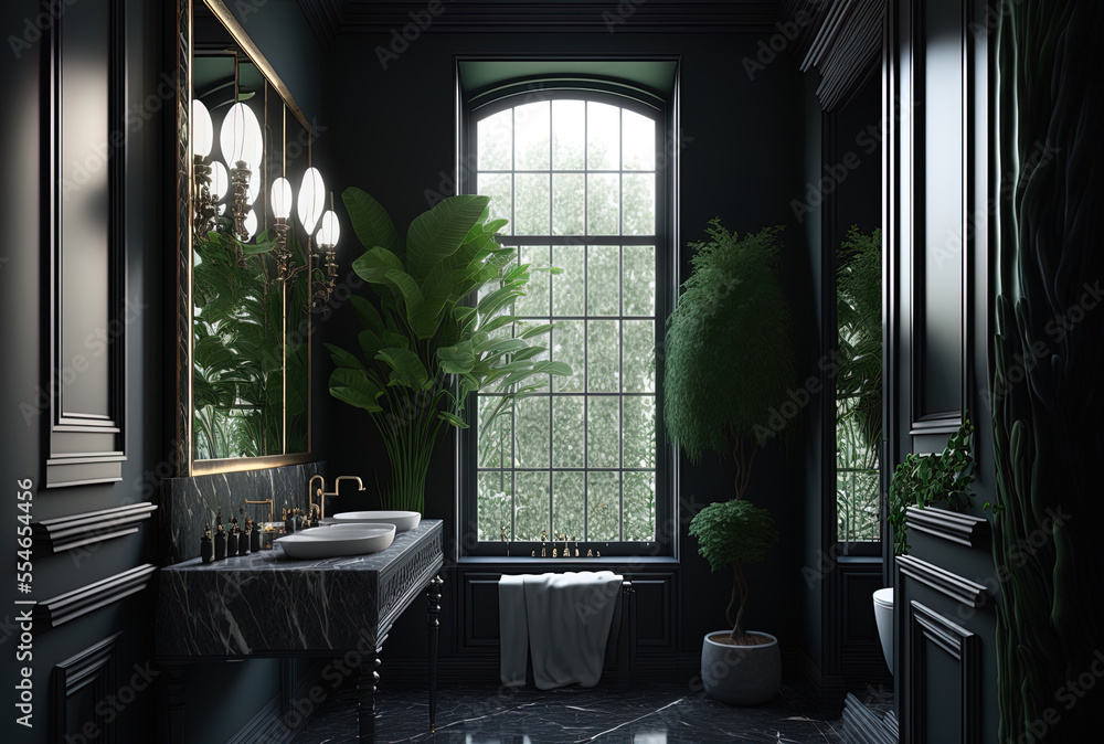 Elegant luxury black bathroom with wide windows, a plant, and black ...