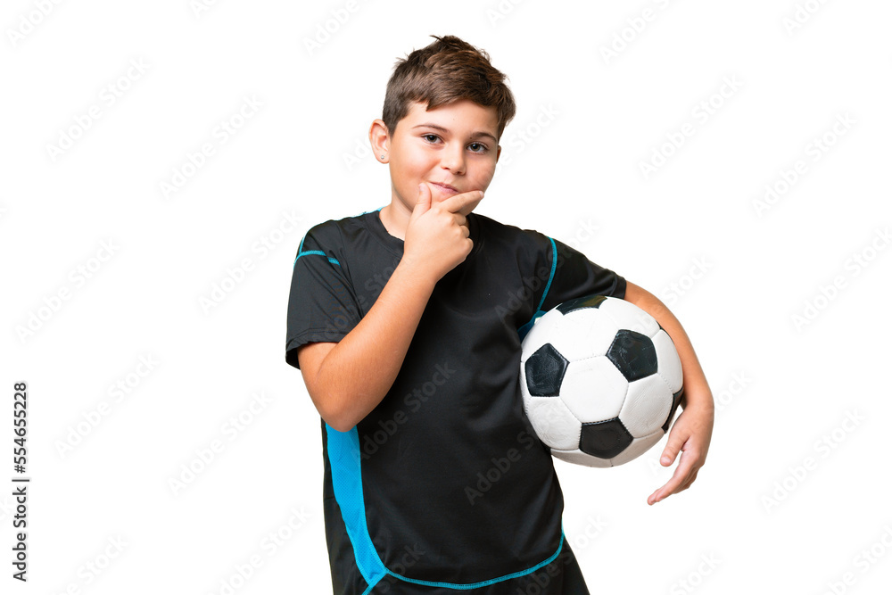 Little caucasian football player kid over isolated chroma key background thinking Little caucasian football player kid over isolated chroma key background thinking