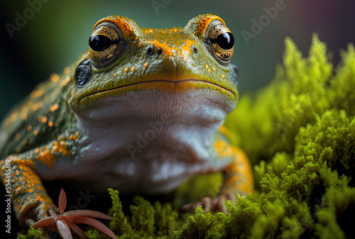 Flying frog s face in close up on moss. Generative AI