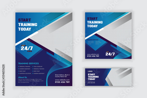 fitness and gym Flyer, Social Media Post, and Cover Banner Bundle Design Template