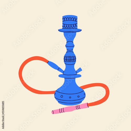 Hookah card. Modern drawing lounge bar or smoke shop poster, arabic tobacco smoking equipment. Calabash with glass flask and tube, bright contemporary vector cartoon flat isolated illustration