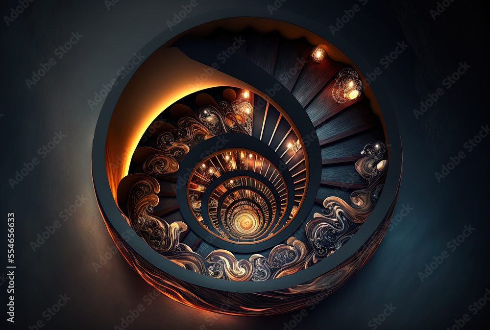 view from above of a contemporary spiral staircase in an illuminated display. Generative AI