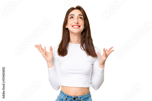 Young caucasian woman over isolated chroma key background stressed overwhelmed