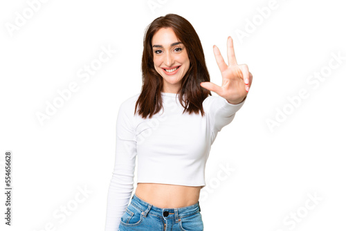 Young caucasian woman over isolated chroma key background happy and counting three with fingers