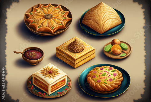 Traditional sweets from Azerbaijan Bakhlava, mutaki pastries, shakarbura, and the Azerbaijani holiday Novruz. Generative AI