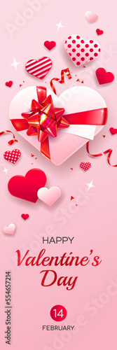 Vertical Valentine's Day greeting card template. Frame with white and red gift boxes isolated on pink background. Symbols of holiday - hearts. 