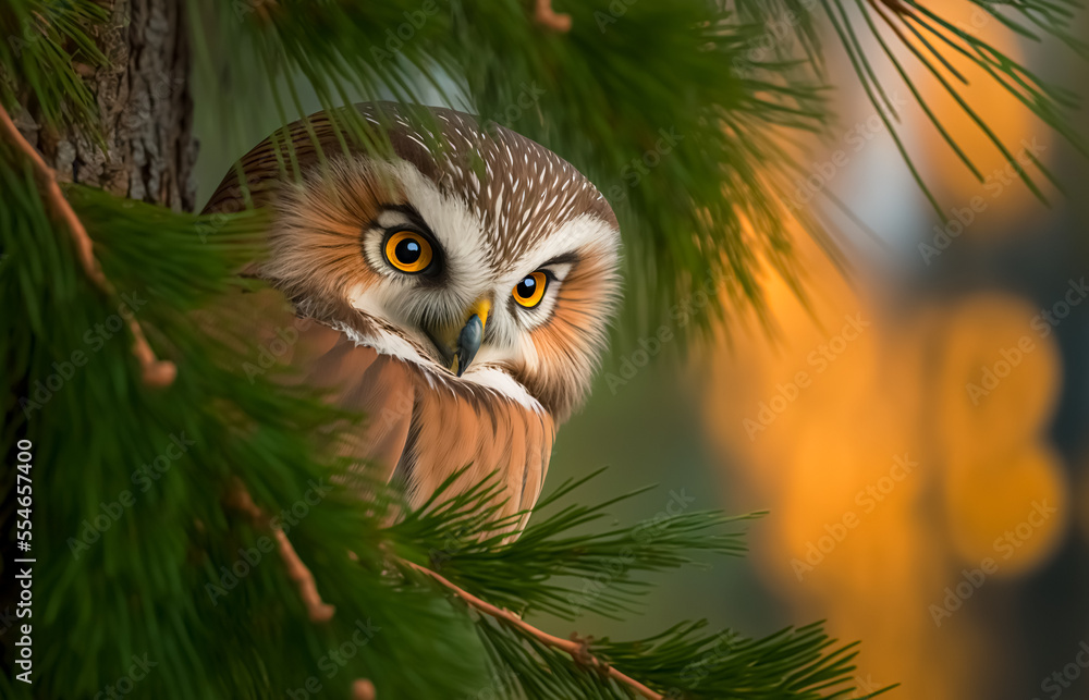 A white faced scops owl in a tree staring with large orange eyes.
A white faced scops owl in a tree staring with large orange eyes.