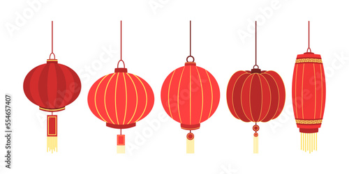 Set of red Chinese lanterns lamp. traditional chinatown decoration