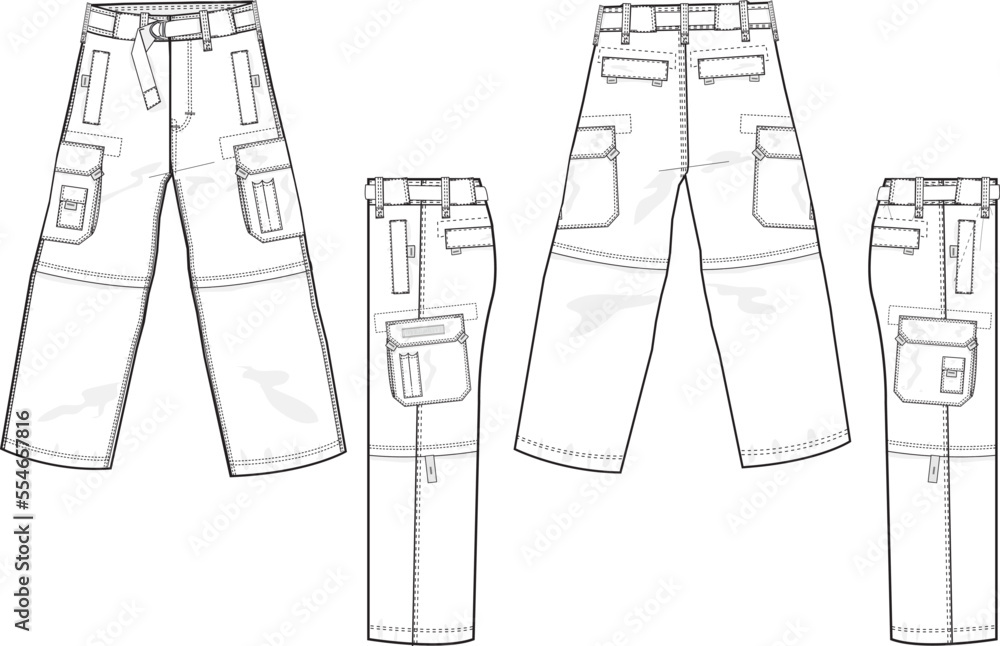 MEN AND BOYS BOTTOM WEAR CARGO PANT FRONT BACK AND BOTH SIDES VIEW FLAT DESIGN VECTOR MEN AND BOYS BOTTOM WEAR CARGO PANT FRONT BACK AND BOTH SIDES VIEW FLAT DESIGN VECTOR