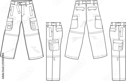 MEN AND BOYS BOTTOM WEAR CARGO PANT FRONT BACK AND BOTH SIDES VIEW FLAT DESIGN VECTOR