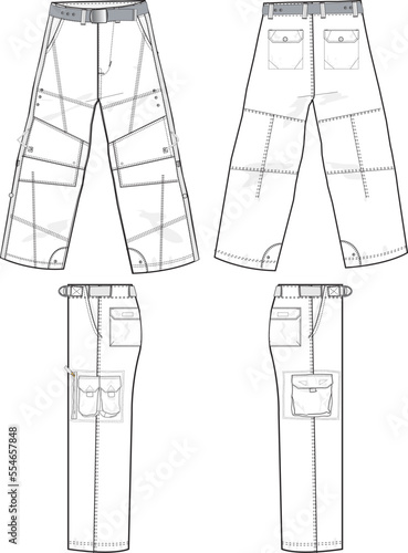 MEN AND BOYS BOTTOM WEAR CARGO PANT FRONT BACK AND BOTH SIDES VIEW FLAT DESIGN VECTOR