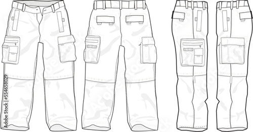 MEN AND BOYS BOTTOM WEAR CARGO PANT FRONT BACK AND BOTH SIDES VIEW FLAT DESIGN VECTOR