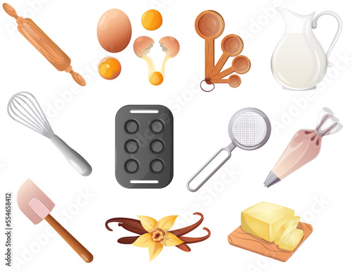 Set of baking tools. Kitchenware, cooking, baking utensil.  Desserts, pastry dishes, ingredients for baking items. Whisk, spatulas, steiner, vanilla, pastry bag, pastry bags. Vector illustration