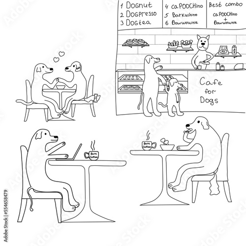 Dogs sit in a cafe at tables