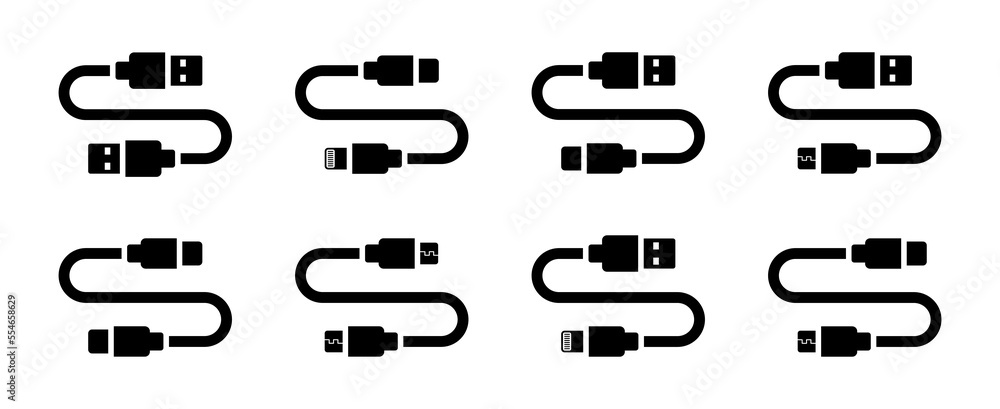 Different type of USB cable icons. Type-A, Type-C, Micro USB, lightning ...