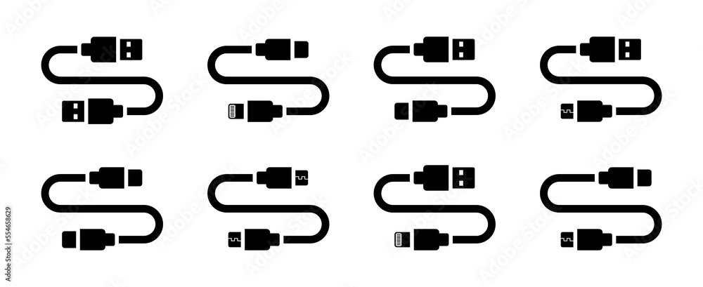 Different type of USB cable icons. Type-A, Type-C, Micro USB, lightning cable symbols. Flat vector set.