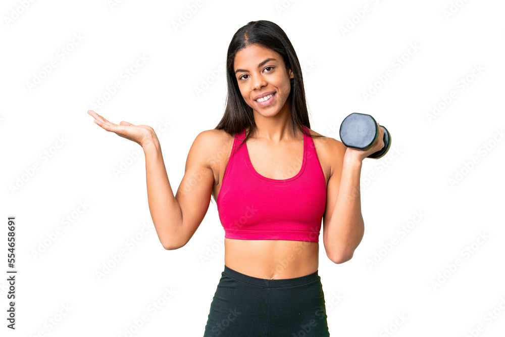 Young African American woman sport woman making weightlifting over isolated chroma key background extending hands to the side for inviting to come
