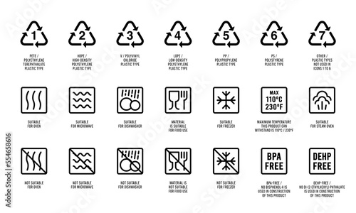 Plastic kitchenware indication icons. Plastic recycling and cookware safety symbols. Food safe, freezer, oven, microwave, dishwasher, BPA-Free, DEHP-Free pictograms photo