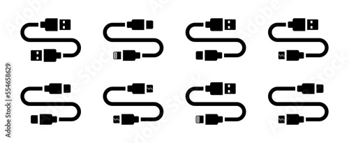 Different type of USB cable icons. Type-A, Type-C, Micro USB, lightning cable symbols. Flat vector set.