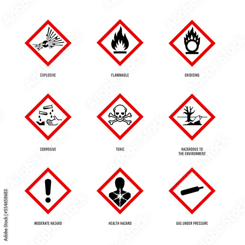 GHS pictograms. Warning Hazard Hazardous Danger Dangerous Icon set. Explosive Flammable Oxidizing Compressed Gas Corrosive Toxic Harmful Corrosive Environmentally Unsafe Vector Symbols.