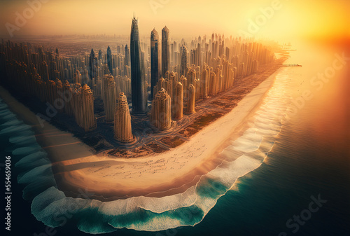 Aerial image of the affluent and well known Jumeirah beach frontline at sunrise in Dubai Marina, United Arab Emirates. Generative AI photo