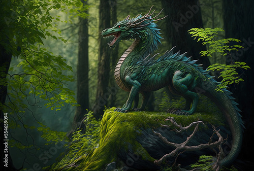 Dragon of Greatness in Mysterious Green Mountain Forest. Fanciful Background Realistic Concept Art Video Game History Electronic Painting Scenery Artwork CG Artwork Intensive Book. Generative AI © 2rogan