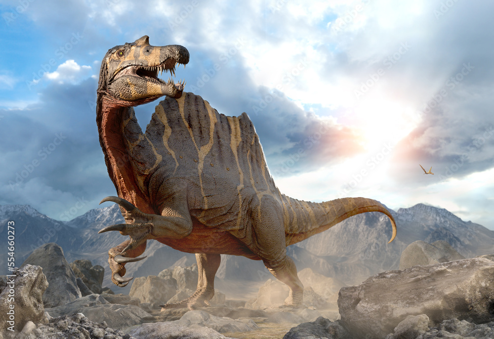 Spinosaurus from the Cretaceous era 3D illustration  - obrazy, fototapety, plakaty 