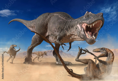 Tyrannosaurus with smaller predators from the Cretaceous era 3D illustration